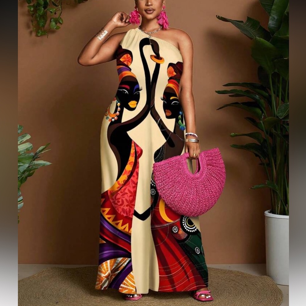 Plus Size Women Pop Art Printed Graphic One Shoulder Wide Leg Jumpsuit